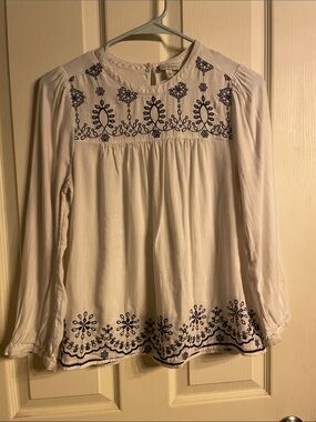 Lucky Brand White Blouse with Navy Floral Embroidery
